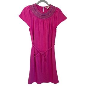 Boden Nina Embroidered Smocked Belted T-Shirt Dress Pink Multi Size US 8